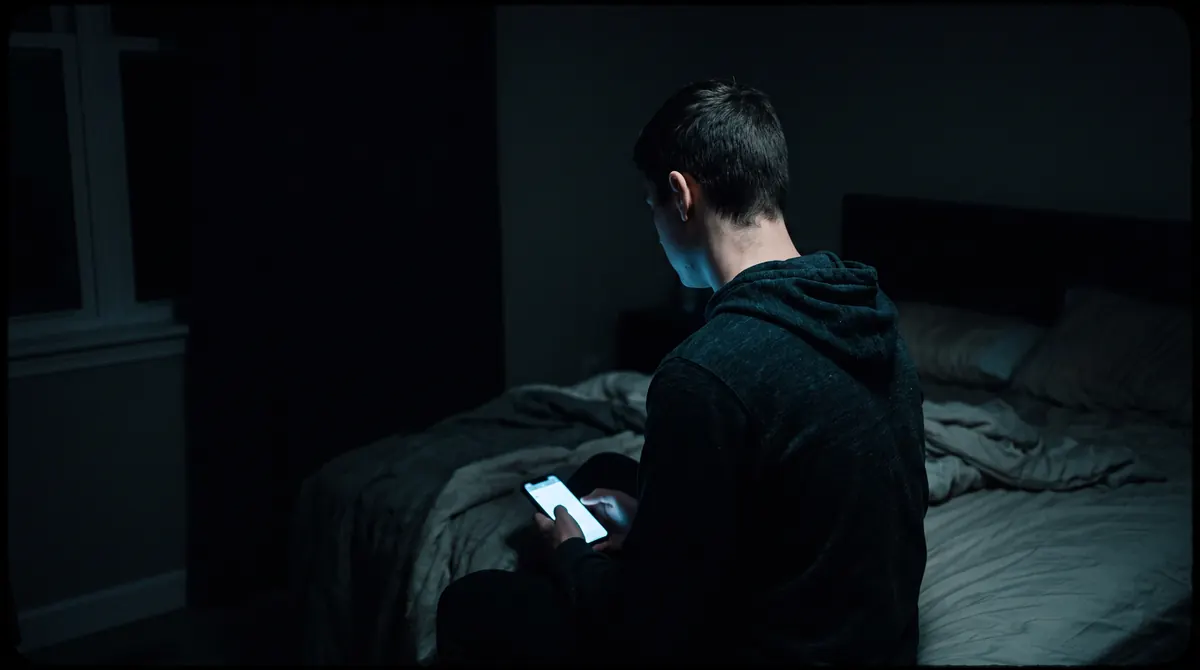 Una persona sentada en su cama a las dos de la mañana, mirando el celular