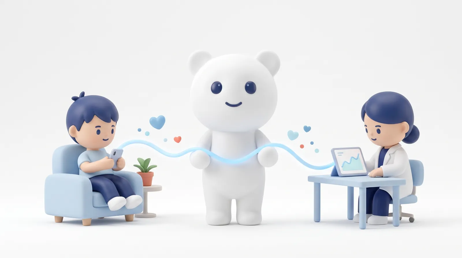 El paciente en casa con su celular, COCO en el centro sosteniendo una cinta de luz y la profesional en su consulta viendo una gráfica en la tableta